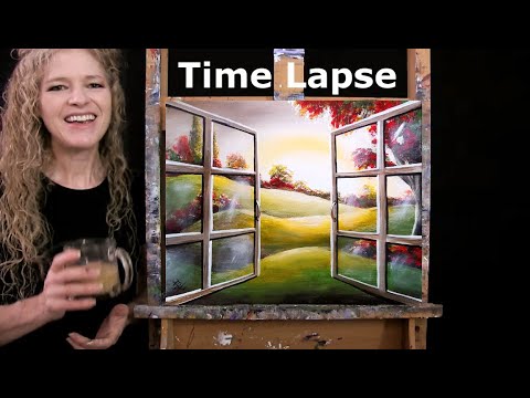 TIME LAPSE - Learn How to Paint "AUTUMN WINDOW" with Acrylic - Fun Step by Step Landscape Lesson