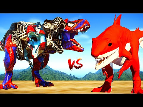 3 Head Hybrid Spider-Man Venom Captain America T-Rex vs Red King Shark Dinosaurs Fight 🌍 JWE