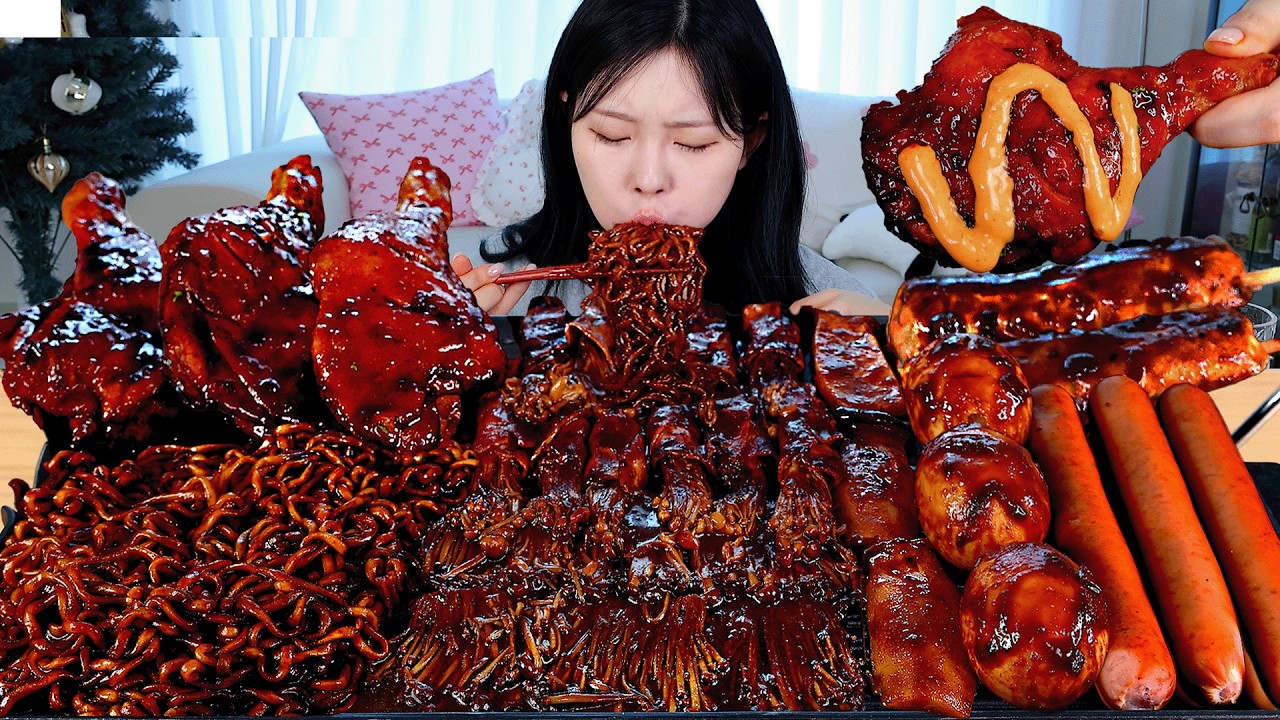 ASMR MUKBANG| 직접 만든 불닭 짜장 버섯 양념치킨 소세지 먹방 & 레시피 SPICY MUSHROOMS AND FIRE NOODLES EATING