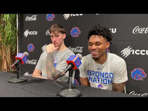 Boise State's Drew Fielder and Dylan Andrews talk after a 79-73 win over Colorado State