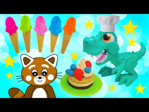 Pukkins och dinosaurierna gör roliga pannkakstårtor - Lek och lär dig färger - Lek med oss