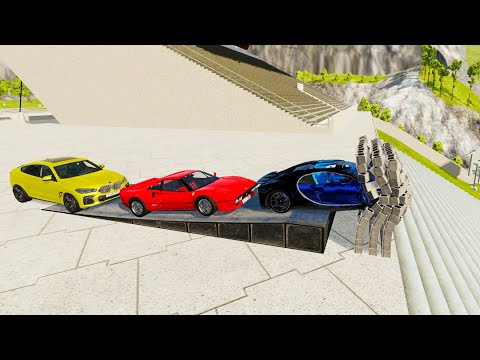 Stairs Jumps Down Through Three Brick Wall (Crash Test) Bugatti - BeamNG.drive Total Car Damage