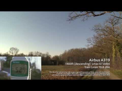 Airbus A319 at 1,400ft descending (with train noise included in clip for comparison)