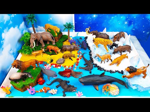 Ice Age Animals vs modern Wild Animals- Ice and Tropical Islands diorama-educational video for kids