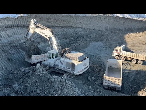 Liebherr 984 Excavator Loading Mercedes And MAN Trucks With Two Passes - Labrianidis Mining Works