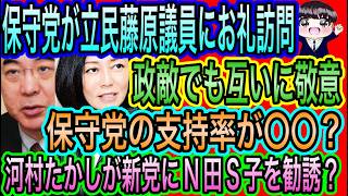 【日本保守党】が立民藤原議員にお礼訪問！政敵でも互いに敬意／河村たかしが自民のN田氏を勧誘？／保守党の支持率が〇〇？