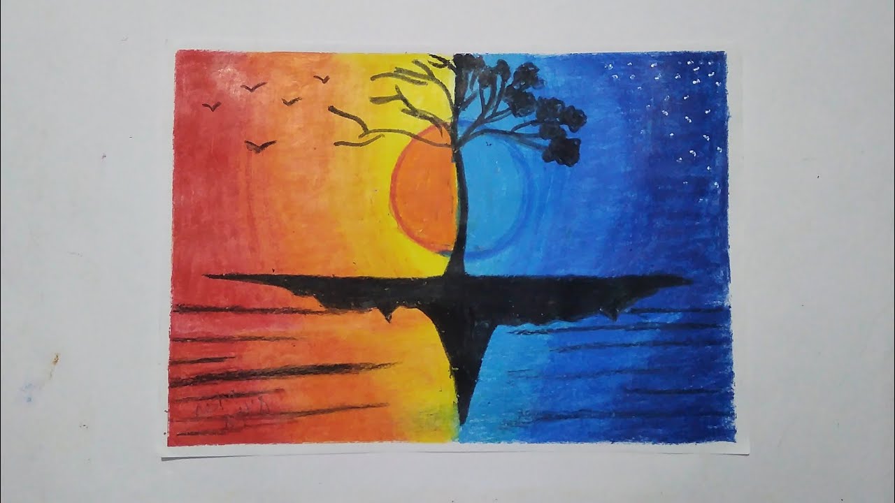 How to Draw Sunset Moonlight Scenery Oil Pastel Drawing | Dinesh Arts Ft. Aasha