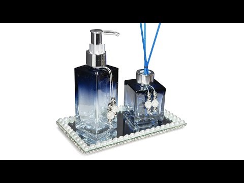 Frascos de Vidro Aromatizante + Sabonete Líquido + Bandeja Espelhada c/ Pérolas