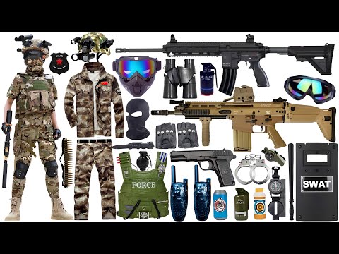 Special police weapon toy set unboxing, SCAR assault rifle, M416 rifle, helicopter, revolver, bomb