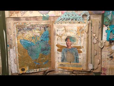 6.0 Wanderjournal Imke Collage Gelliprint Butterfly Fairy Music Paper Grungy Coffeestain  Dragonfly