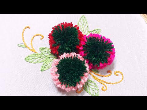 Hand Embroidery Amazing Trick, Pom Pom Flower Making Idea, Easy Woolen Flower With Fingers