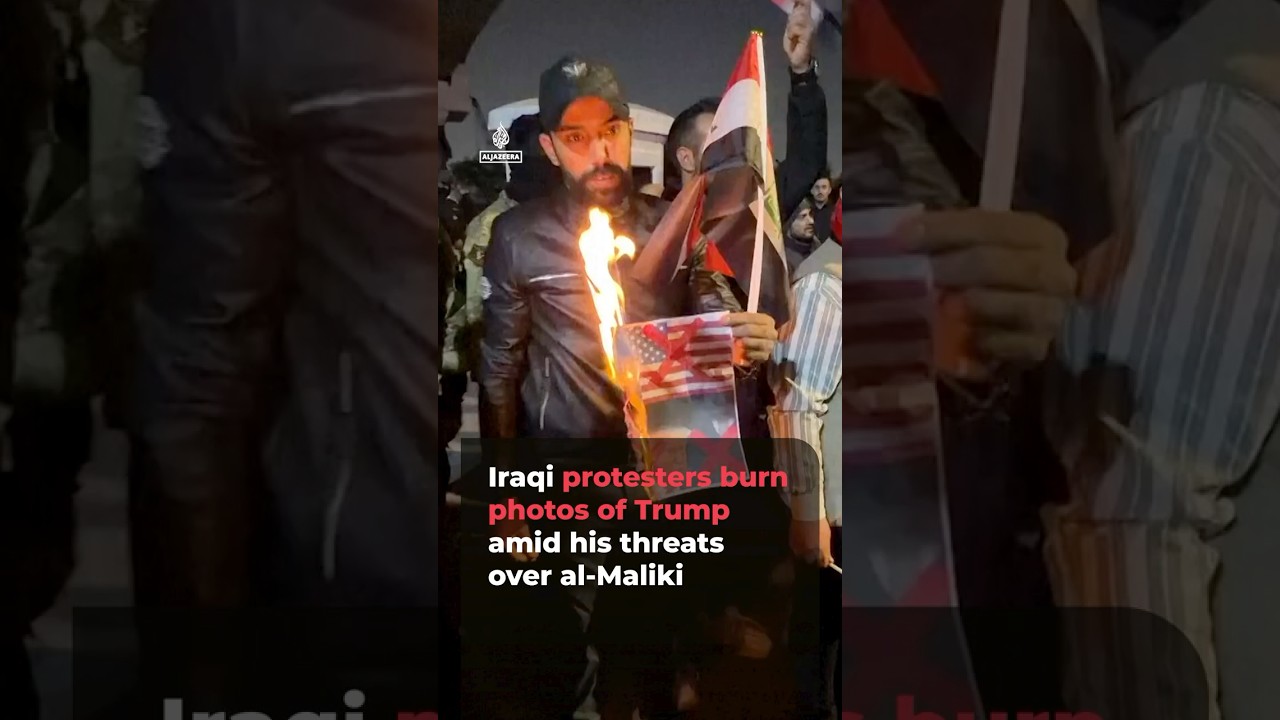 Video | Iraqi protesters burn photos of Trump amid his threats over al-Maliki | AJ #shorts