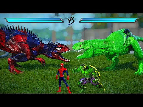 Hulk T-Rex vs Spiderman I-Rex, Venom, Batman Dinosaurs Fighting in Jurassic World Evolution