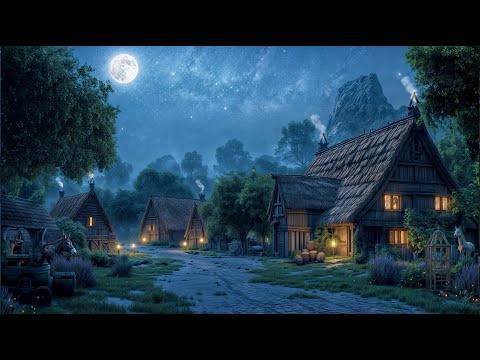 Peaceful Small Medieval Village Ambience w/ Relaxing Night Village Sound, Crickets, Owl Sound, Winds