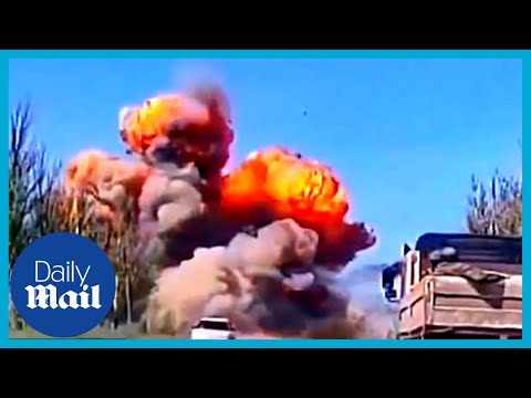 Moment Russian tank blown up sending turret flying 250ft in to the air