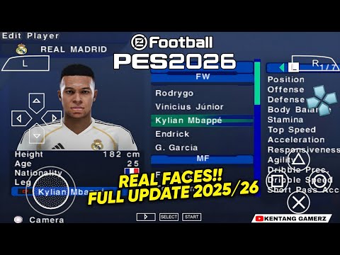 EFOOTBALL PES 2026 PPSSPP ISO NO TEXTURES & NO SAVE DATA NEW KITS 2025/26 REAL FACES & TRANSFERS