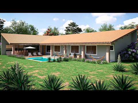 Casa de Campo em L - Projeto de Casa em L com 3 Quartos Incluindo 1 Suíte