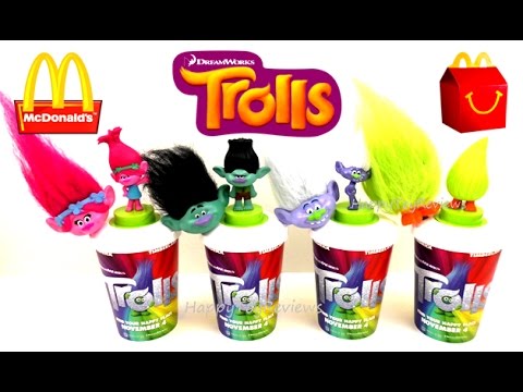 2016 DREAMWORKS TROLLS MOVIE THEATER CUPS CUP TOPPERS McDONALD'S HAPPY MEAL TOYS KIDS SET COLLECTION Video