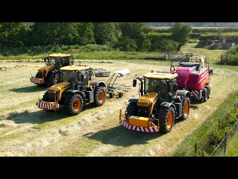 4k Hay harvest 2023 - D.E. Keeble's crew rowing & baling hay one evening. JCB Fastrac Claas Liner