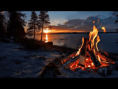 Winter Dusk by the Lake ❄️🔥 Crackling Campfire Sounds for Deep Relaxation (4K ASMR)