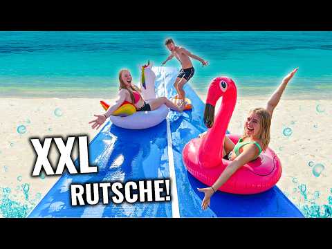 XXL AIRTRACK WATER SLIDE into the LAKE! 😂😳 (extreme) with MERLE, TOM and DIMA - Itsmisabell