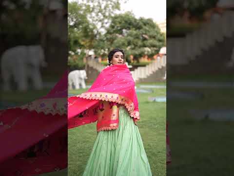 Pista Paithani Jacquard Silk Lehenga Set with Zari Weaving, Embroidery & Scallop