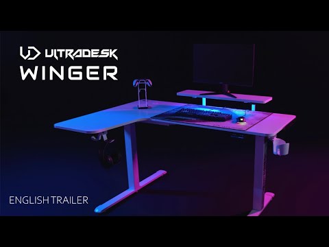 Reguliuojamo aukščio kampinis žaidimų stalas Ultradesk Winger LED RGB, Baltos spalvos video