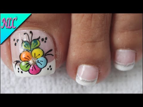 DISEÑO DE UÑAS PARA PIES FLOR DE COLORES Y FRANCES – FLOWERS NAIL ART – FRENCH NAIL ART – NLC