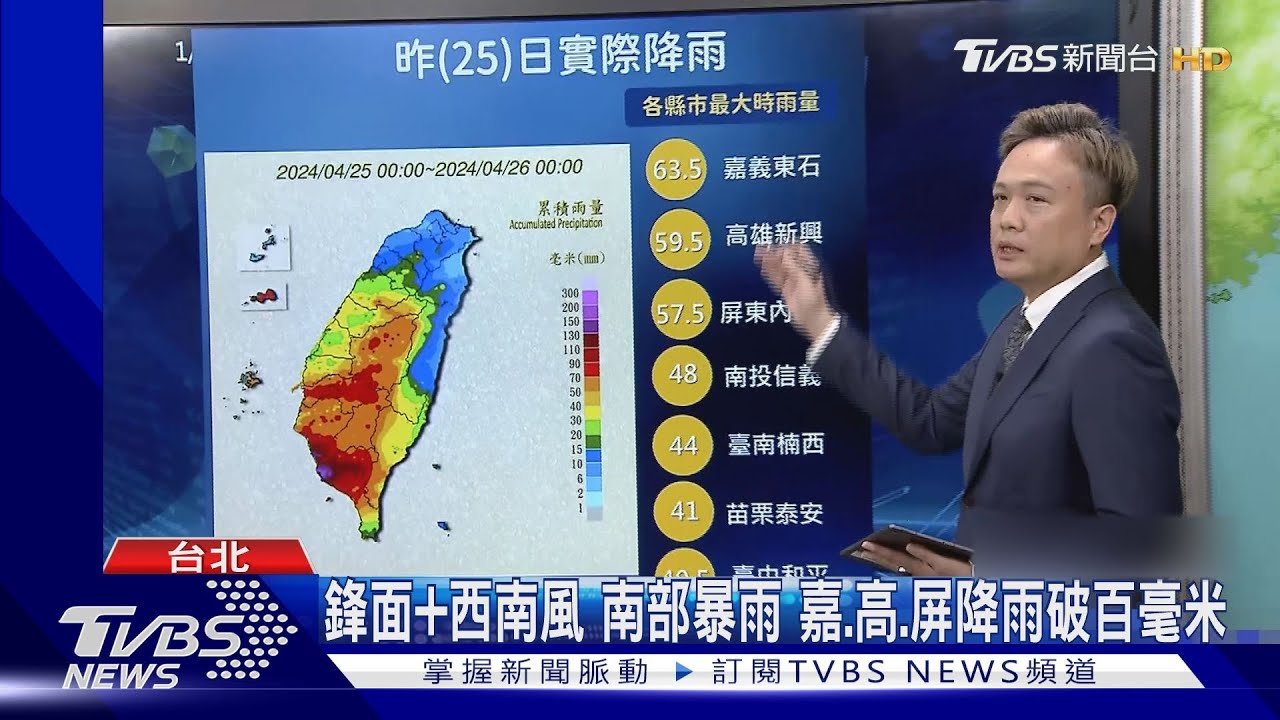 鋒面+西南風南部暴雨 嘉、高、屏降雨破百毫米