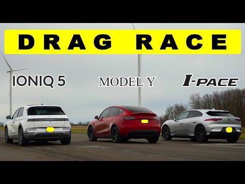 2022 Ioniq5 vs Tesla Model Y vs Jaguar I-Pace, better battery wins. Drag and roll race.