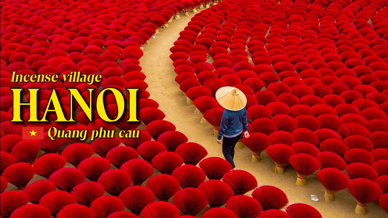 Experience Quang Phu Cau's breathtaking beauty, through vibrant incense bundles, meticulously arranged drying patterns, and the village's vivid traditional hues.