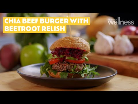 Zoe's chia beef burger with apple and beetroot relish