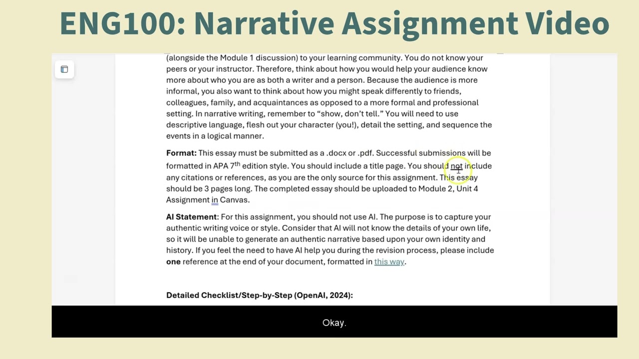 Narrative Assignment Sheet Video