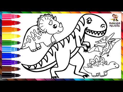 Dibuja y Colorea 5 Dinosaurios 🦖🦕🌋 Dibujo De T-REX Y Más 🌈 Dibujos Para Niños