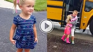Adorable little sister waits for her brother every day at the bus stop
