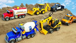 Excavators, Cement trucks, bulldozers, police cars - Construction a basketball court - Bé Cá Đồ Chơi