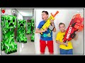 Caught on Security Camera: Minecraft Creepers in Our House!? | Nerf Minecraft Battle in Real Life