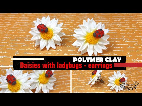~JustHandmade~ How to make polymer clay (fimo) daisy with ladybug - earrings - no mold - tutorial