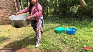 Simple Village Life | Fetching Water, Washing Utensils and Roasting Maize by the Fire.