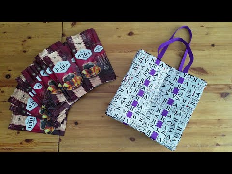 Näin punot Juhla Mokka pusseista valkomustan kassin - Kahvipussipunonta