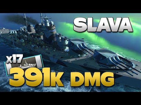 Battleship Slava on map Northern Lights, 391k damage - World of Warships