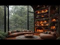 Jazz Relaxing Music Rainy Day At Cozy House Inside Forest With Gentle Rain Fireplace Sounds ️