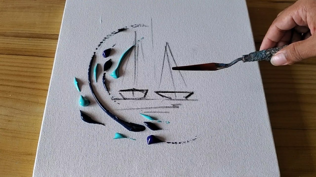 Abstract acrylic painting waves and sailboats