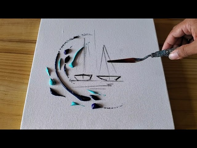 Abstract acrylic painting waves and sailboats