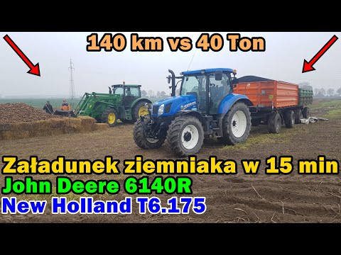 Załadunek ziemniaka z pryzmy | JD 6140 R + NH T6.175 | Wyrywanie przyczep z pola 140 km vs 40 ton