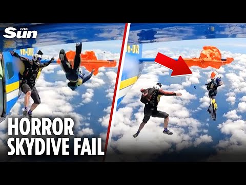 Terrifying moment skydiver’s parachute gets CAUGHT on plane’s tail leaving him hanging in mid-air