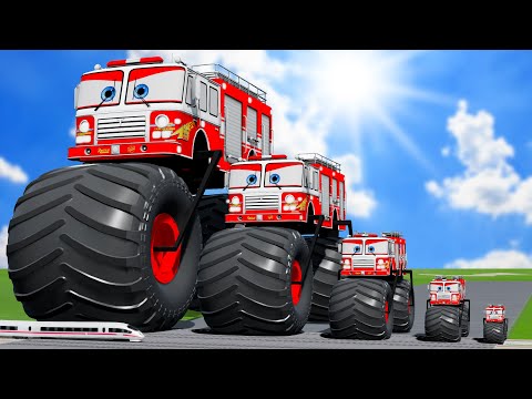 Big & Small Fire Truck Moto with Monster Wheels VS Train | BeamNG.drive