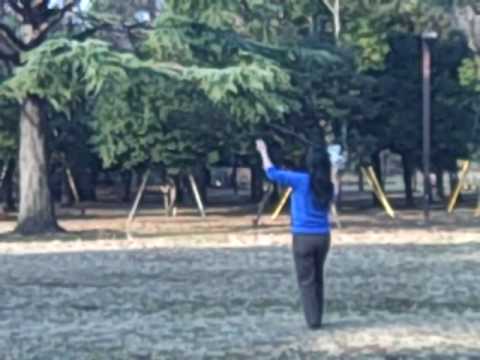 woman in tokyo park playing with large diabolo