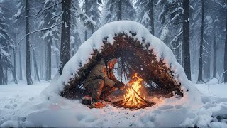 Building a Bushcraft Shelter in Heavy Snowfall | Surviving a Freezing Winter Night