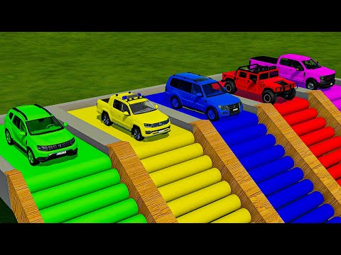 TRANSPORTING FIVE COLOR DACIA DUSTER, DACIA LOGAN POLICE, MITSUBISHI PAJERO - Farming Simulator 22